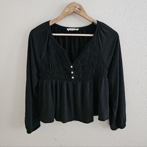 Lucky Brand Black Smocked Cropped Blouse